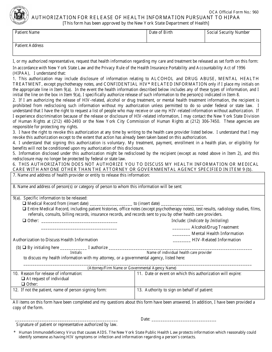 OCA Official Form 960 Authorization to Release Health Information Pursuant to Hipaa - New York, Page 1