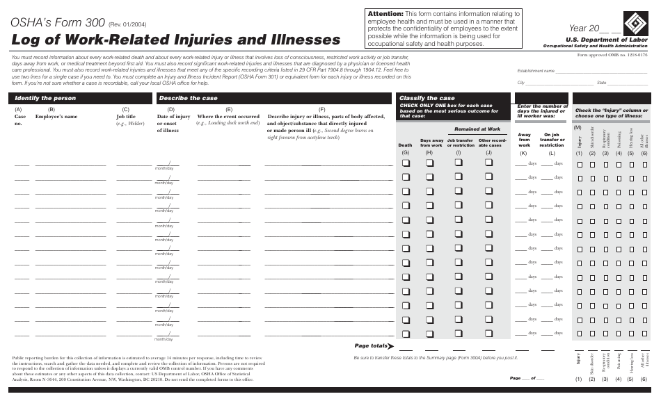 OSHA Form 300 Log of Work Related Injuries and Illnesses, Page 1