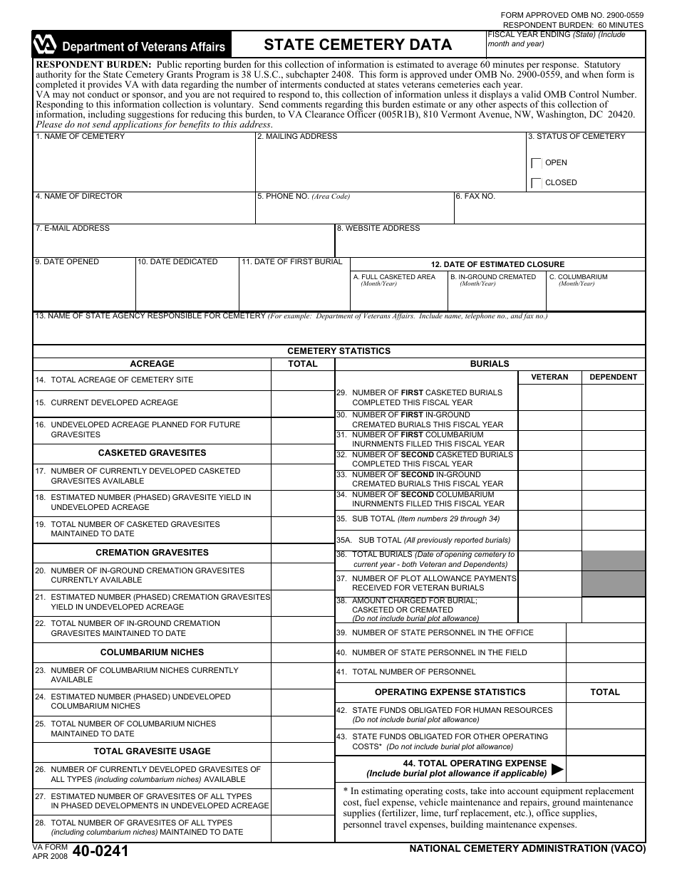 VA Form 40-0241 State Cemetry Data, Page 1