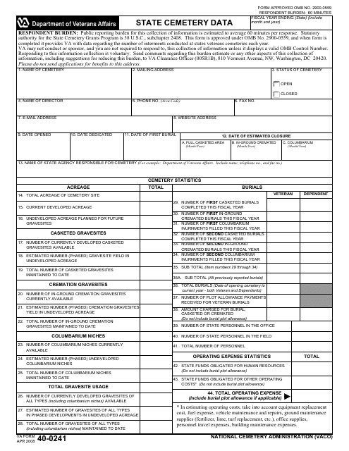 VA Form 40-0241 State Cemetry Data