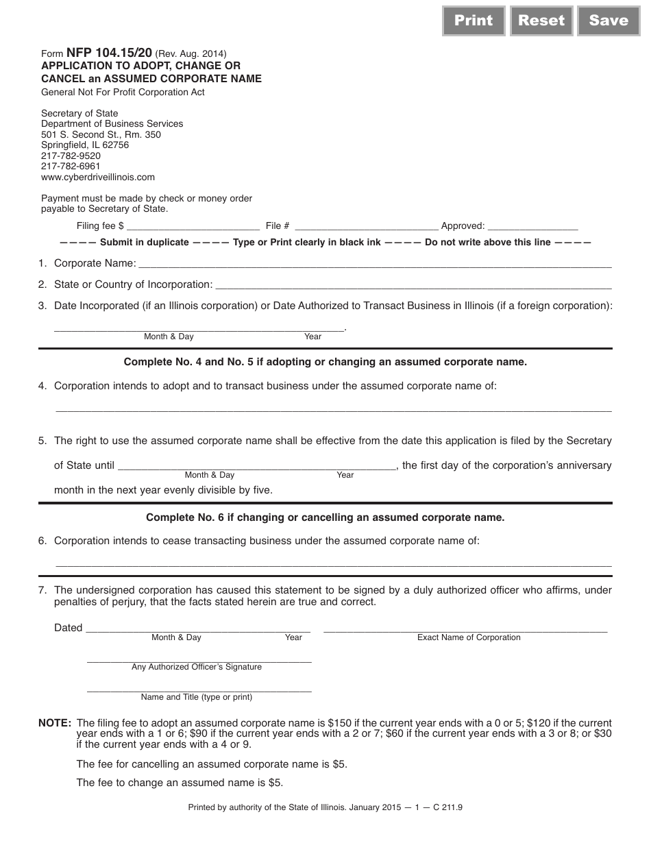 Form NFP104.15/20 Application to Adopt, Change or Cancel an Assumed Corporate Name - Illinois, Page 1