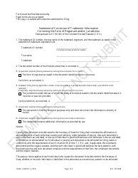 Document preview: Statement of Correction of Trademark Information Correcting the Form of Registrant and/or Jurisdiction - Sample - Colorado