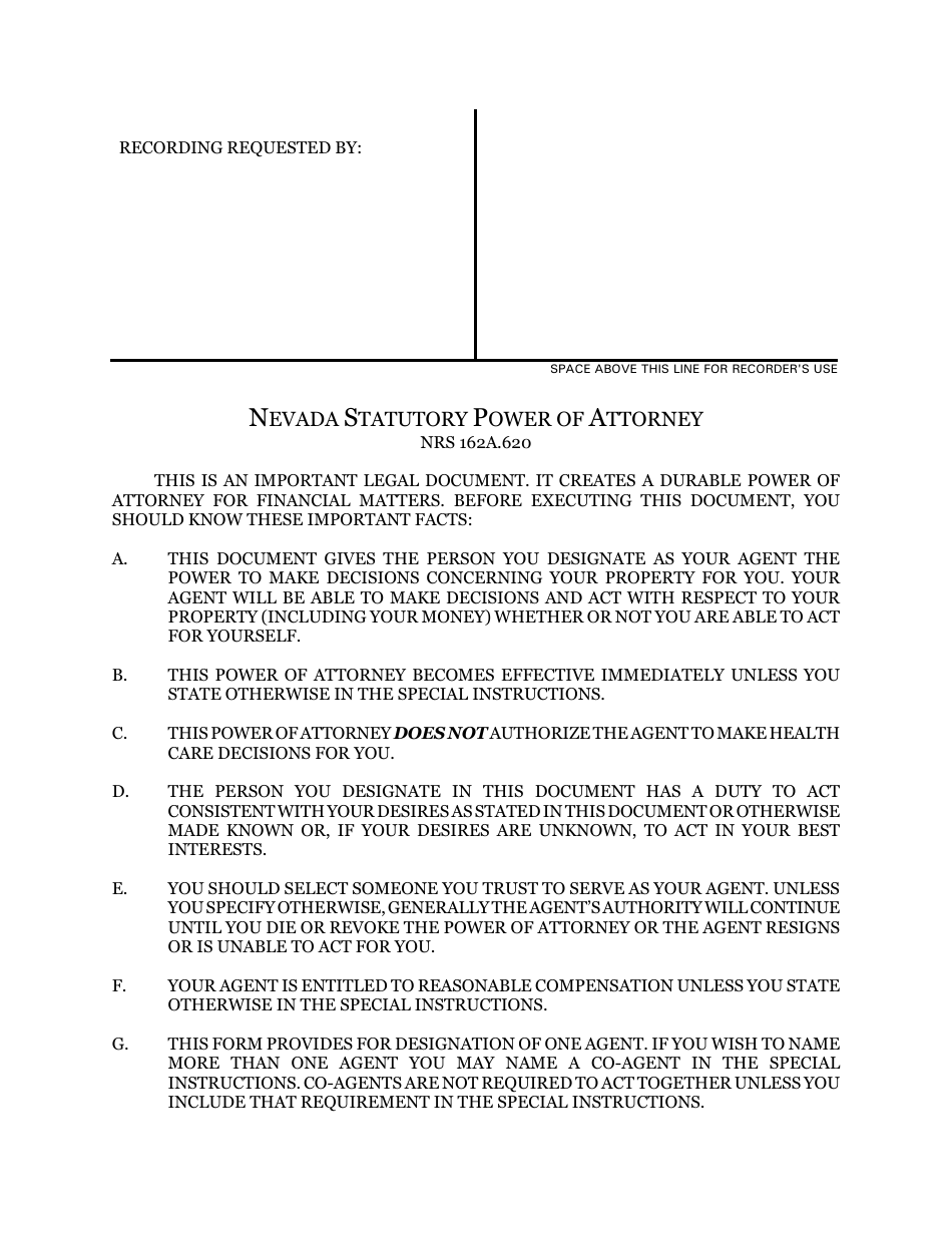 Statutory Power of Attorney Form - Twelve Points - Nevada, Page 1
