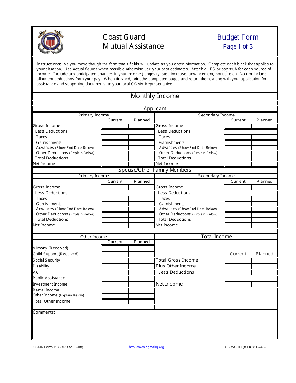 CGMA Form 15 Budget Form, Page 1