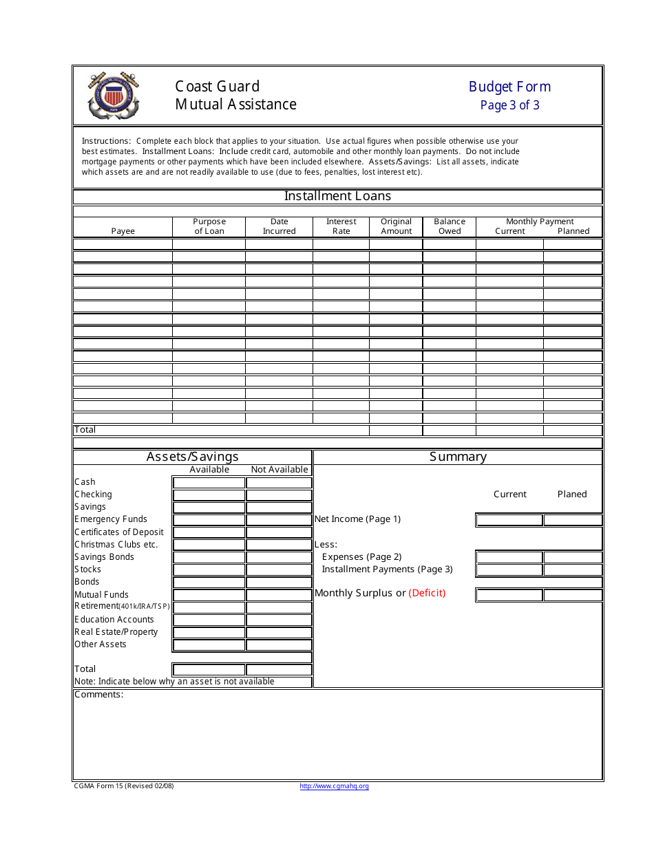CGMA Form 15 Budget Form, Page 3