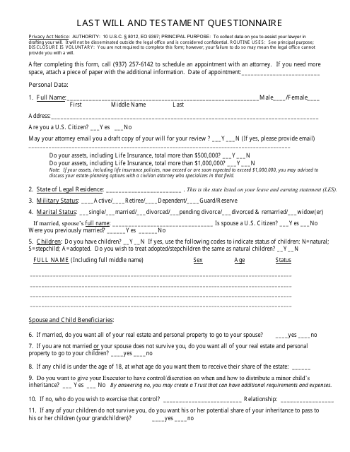 Last Will and Testament Questionnaire Template