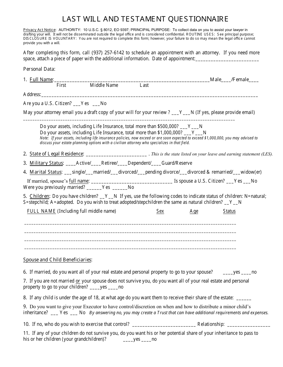 Last Will and Testament Questionnaire Template Image Preview