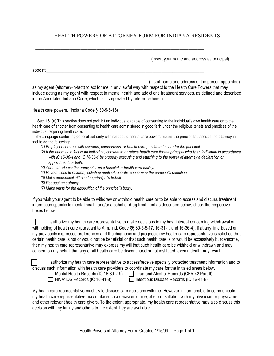 Health Powers of Attorney Form for Indiana Residents - Indiana, Page 1