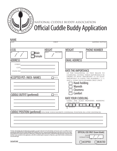 Official Cuddle Buddy Application Form - National Cuddle Buddy Association Download Pdf