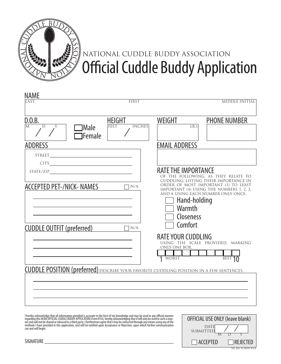 Official Cuddle Buddy Application Form - National Cuddle Buddy Association, Page 1