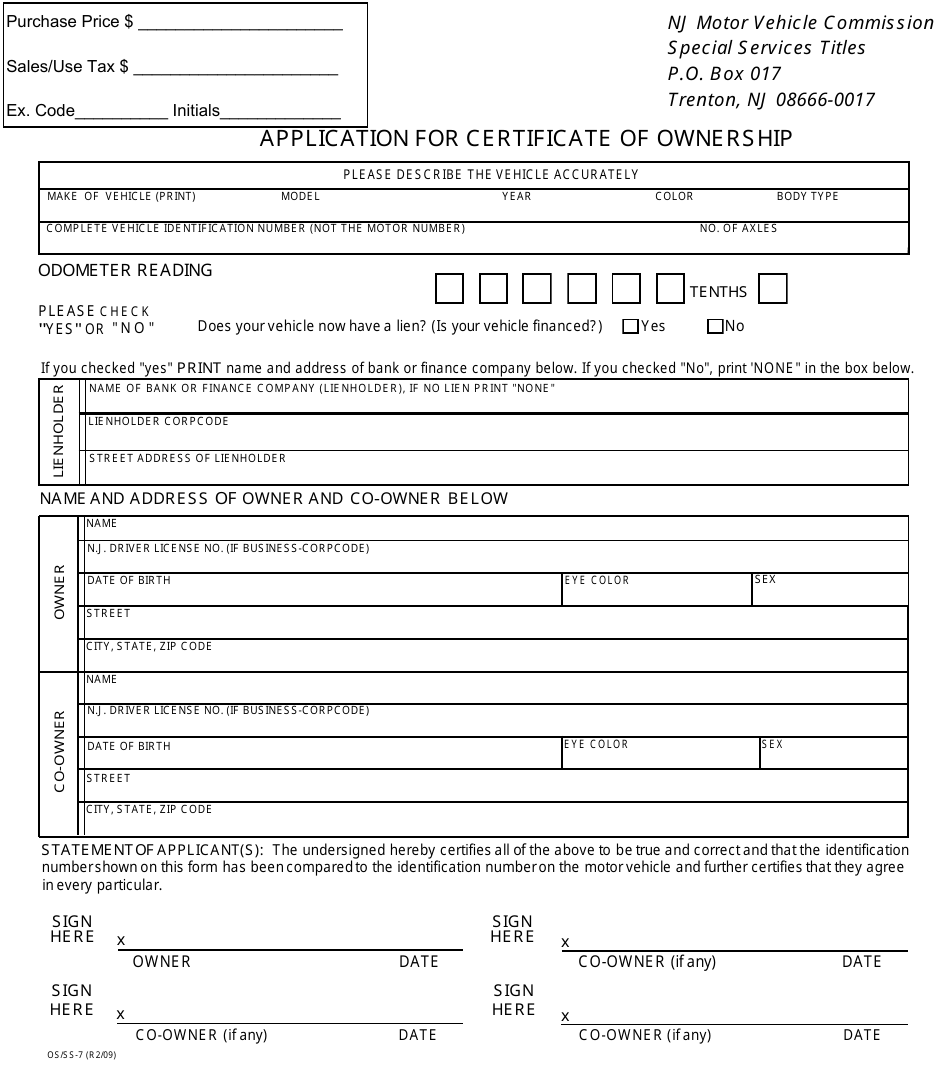 Form OS / SS-7 Application for Certificate of Ownership - New Jersey, Page 1