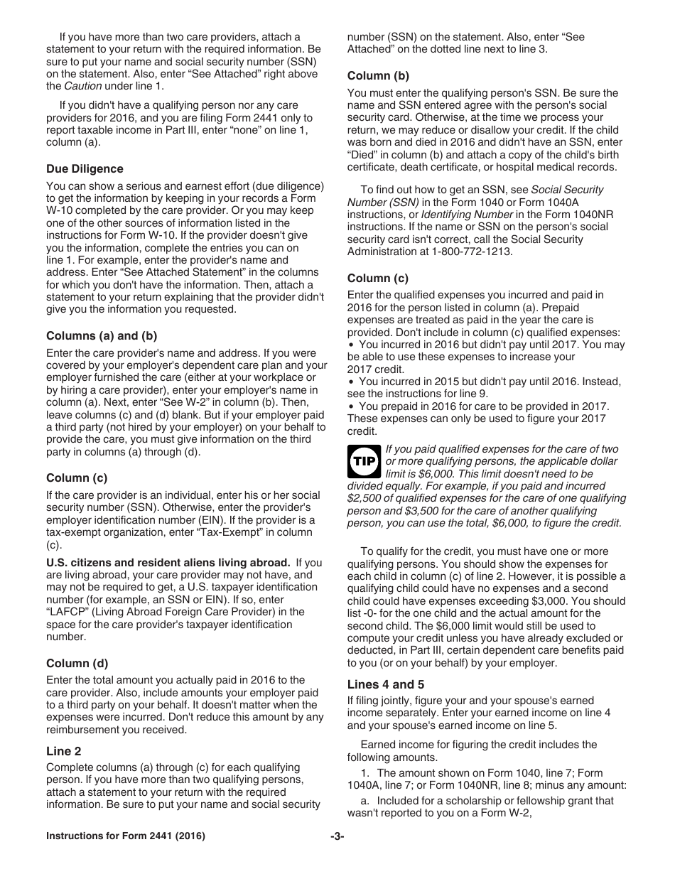 Instructions for IRS Form 2441 Child and Dependent Care Expenses, Page 3