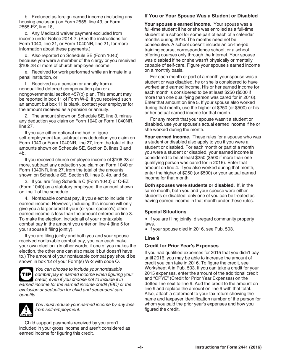 Instructions for IRS Form 2441 Child and Dependent Care Expenses, Page 4