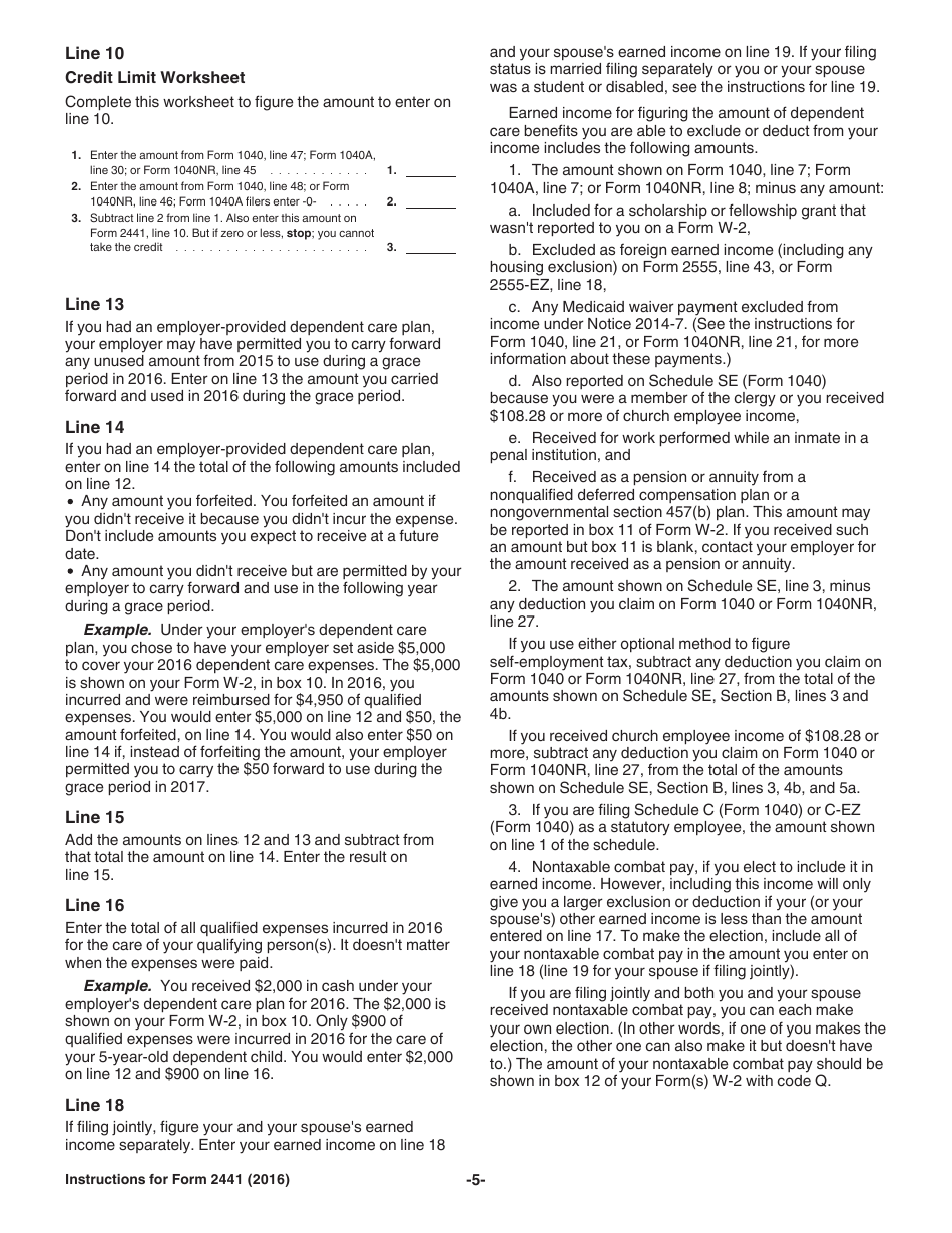 Instructions for IRS Form 2441 Child and Dependent Care Expenses, Page 5