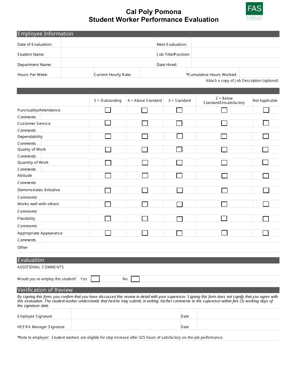 Student Worker Performance Evaluation Form - Cal Poly Pomona, Page 1