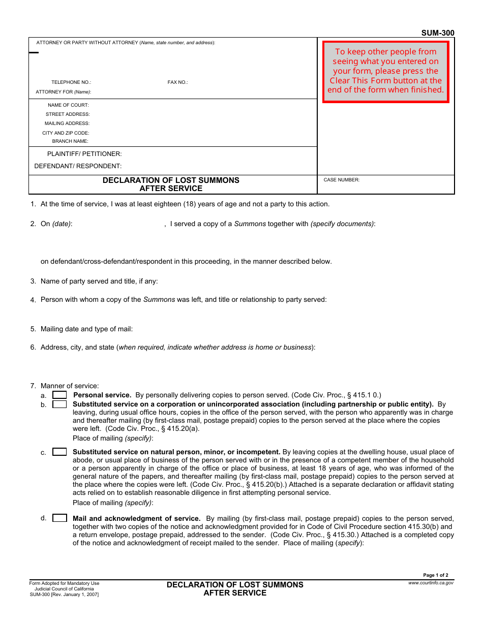 Form SUM-300 - Fill Out, Sign Online and Download Fillable PDF ...