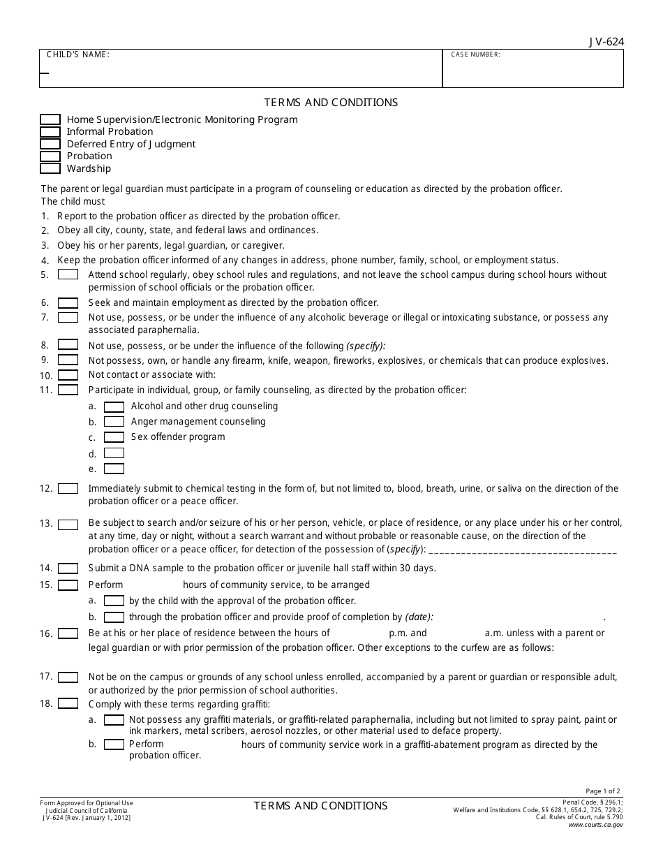 Form JV-624 Terms and Conditions - California, Page 1