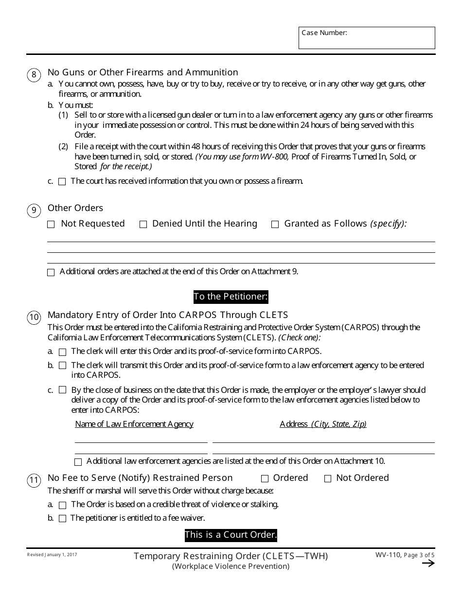 Form WV-110 Temporary Restraining Order - California, Page 3