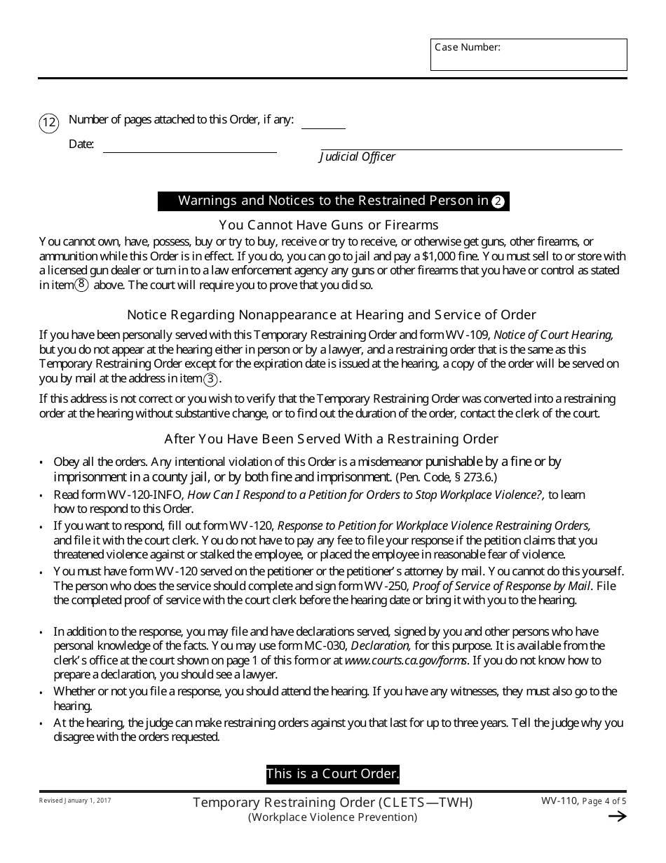 Form WV-110 Temporary Restraining Order - California, Page 4