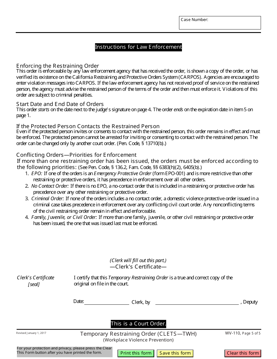 Form WV-110 Temporary Restraining Order - California, Page 5
