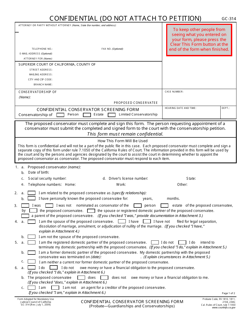 Form GC-314 Confidential Conservator Screening Form - California, Page 1