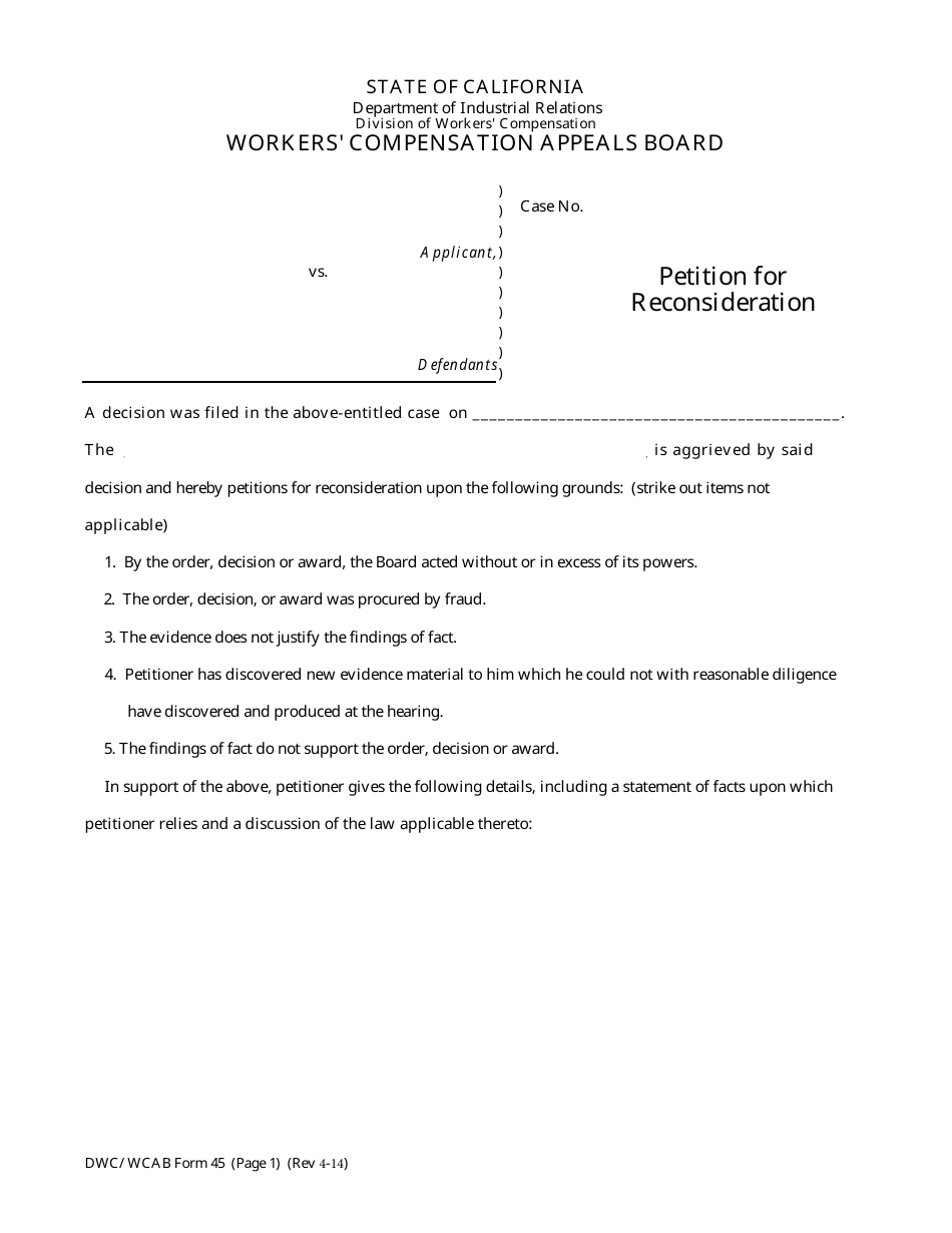 DWC / WCAB Form 45 Petition for Reconsideration - California, Page 1
