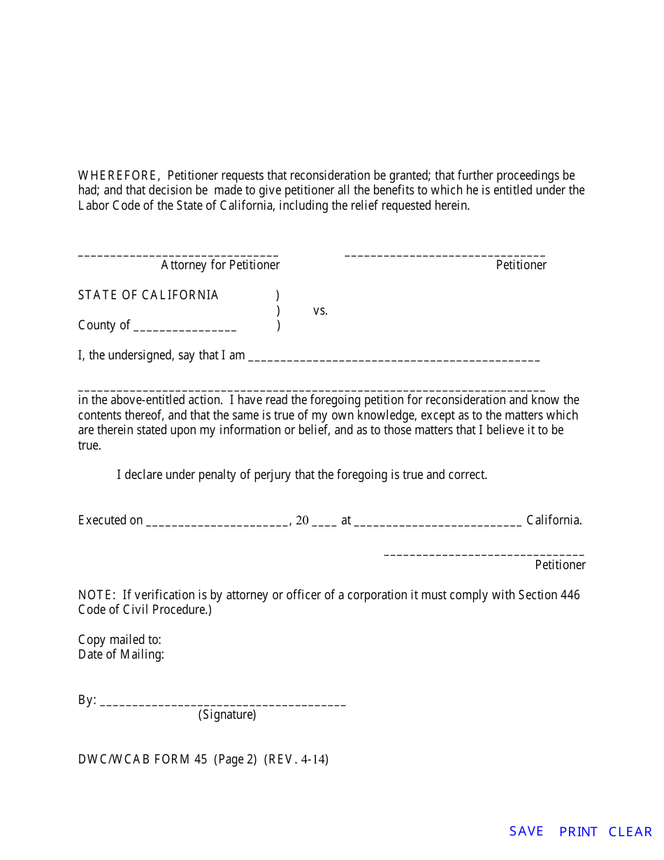 DWC / WCAB Form 45 Petition for Reconsideration - California, Page 2