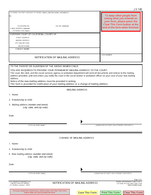 Form JV-140 Notification of Mailing Address - California
