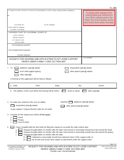 Form FL-360 Request for Hearing and Application to Set Aside Support Order Under Family Code Section 3691 - California
