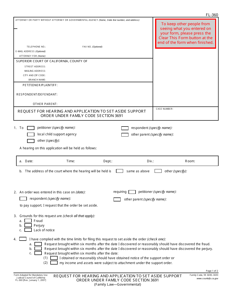 Form FL-360 Request for Hearing and Application to Set Aside Support Order Under Family Code Section 3691 - California, Page 1