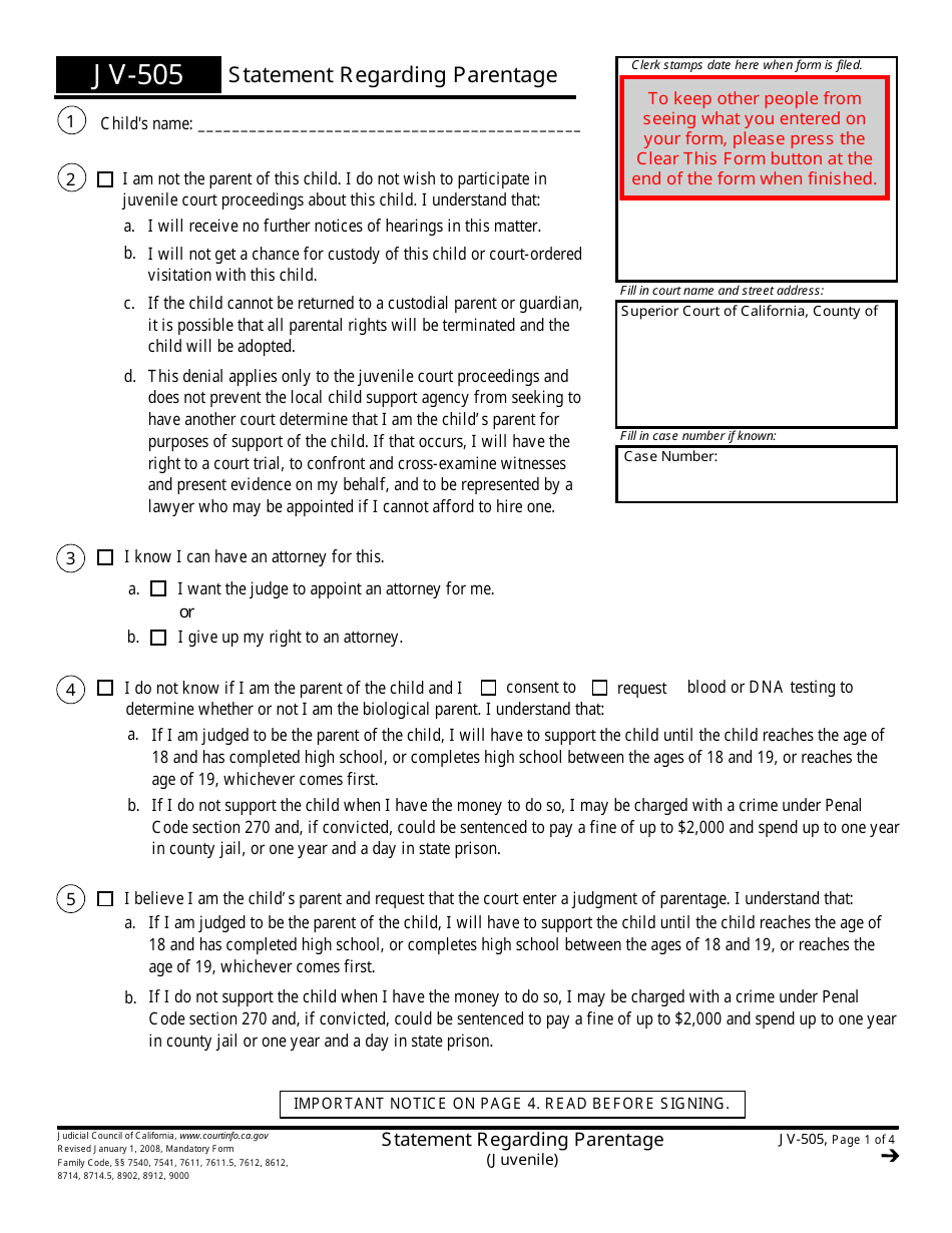 Form JV-505 Statement Regarding Parentage (Juvenile) - California, Page 1