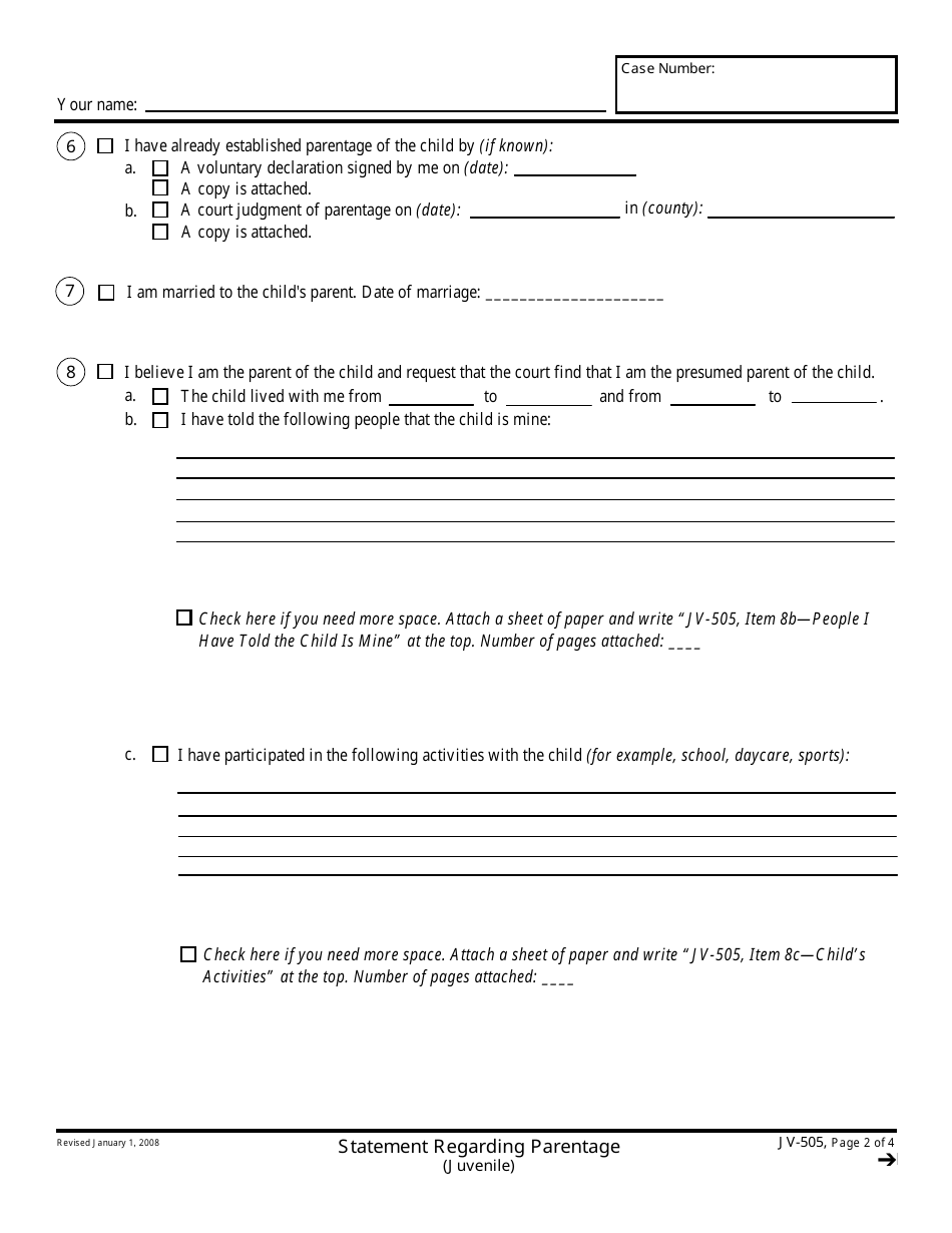Form JV-505 Statement Regarding Parentage (Juvenile) - California, Page 2
