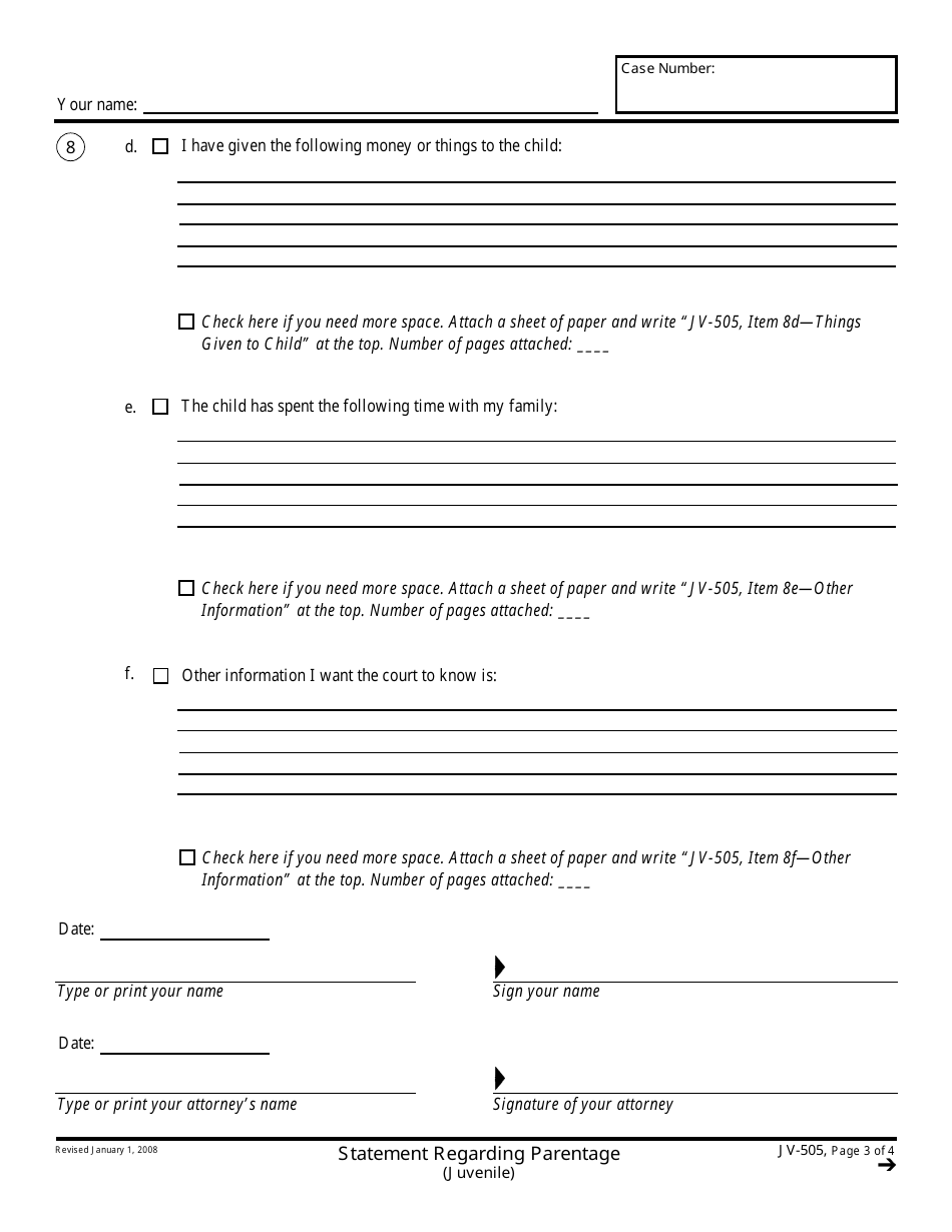 Form JV-505 Statement Regarding Parentage (Juvenile) - California, Page 3
