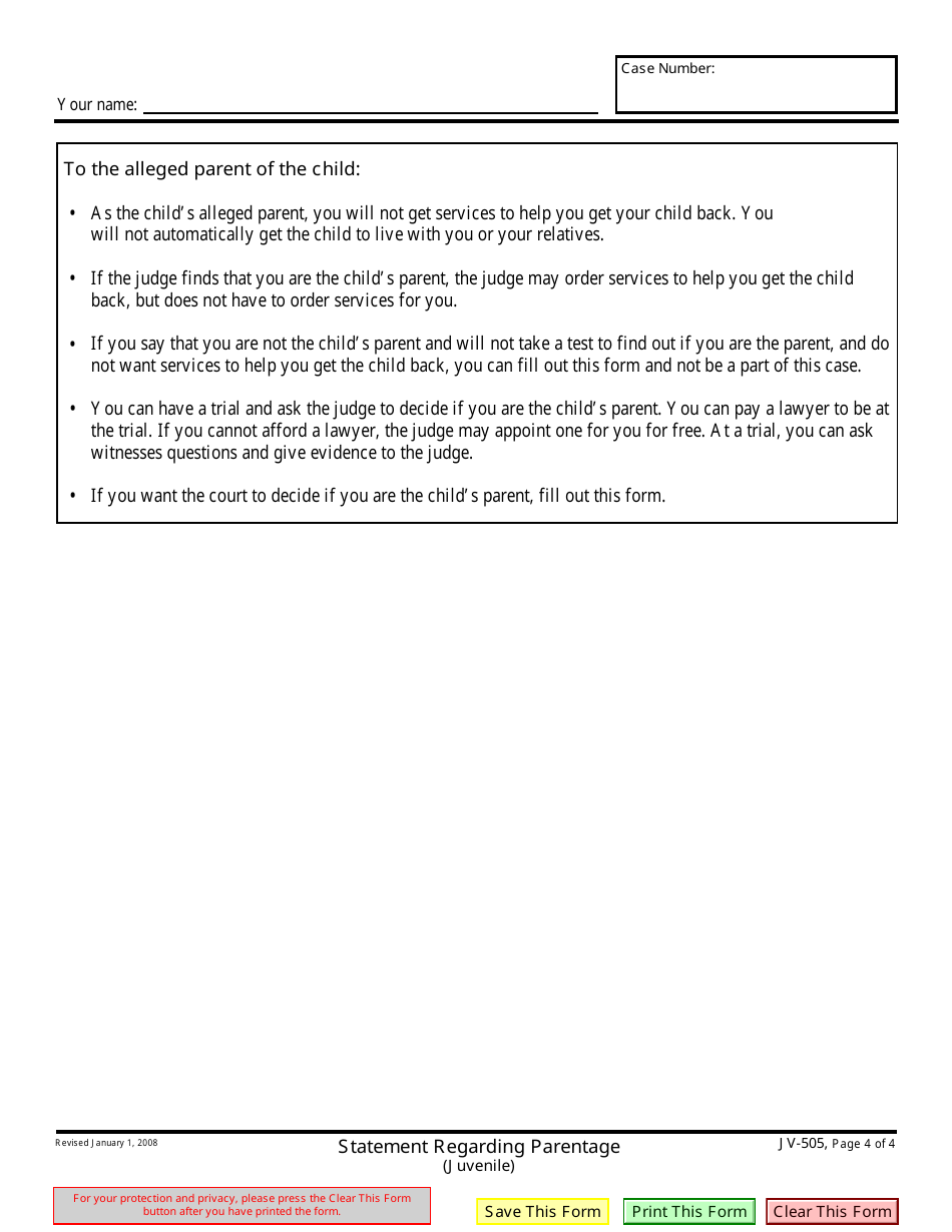 Form JV-505 Statement Regarding Parentage (Juvenile) - California, Page 4