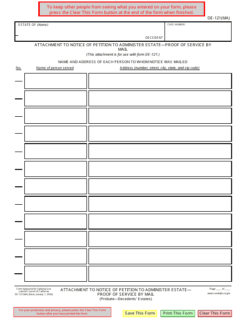 Form DE 121 MA Fill Out Sign Online And Download Fillable PDF 