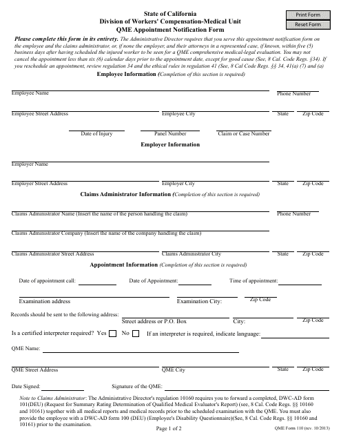 Form 110 Qme Appointment Notification Form - California