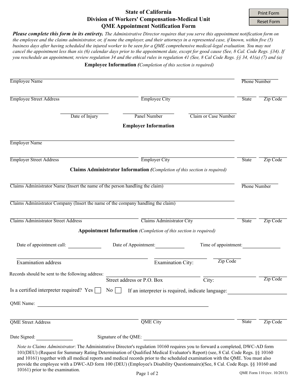 Form 110 Qme Appointment Notification Form - California, Page 1