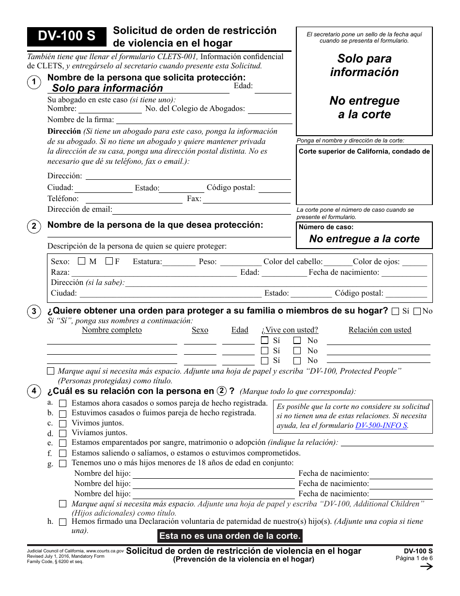 Formulario DV-100 S Solicitud De Orden De Restriccion De Violencia En El Hogar - California (Spanish), Page 1