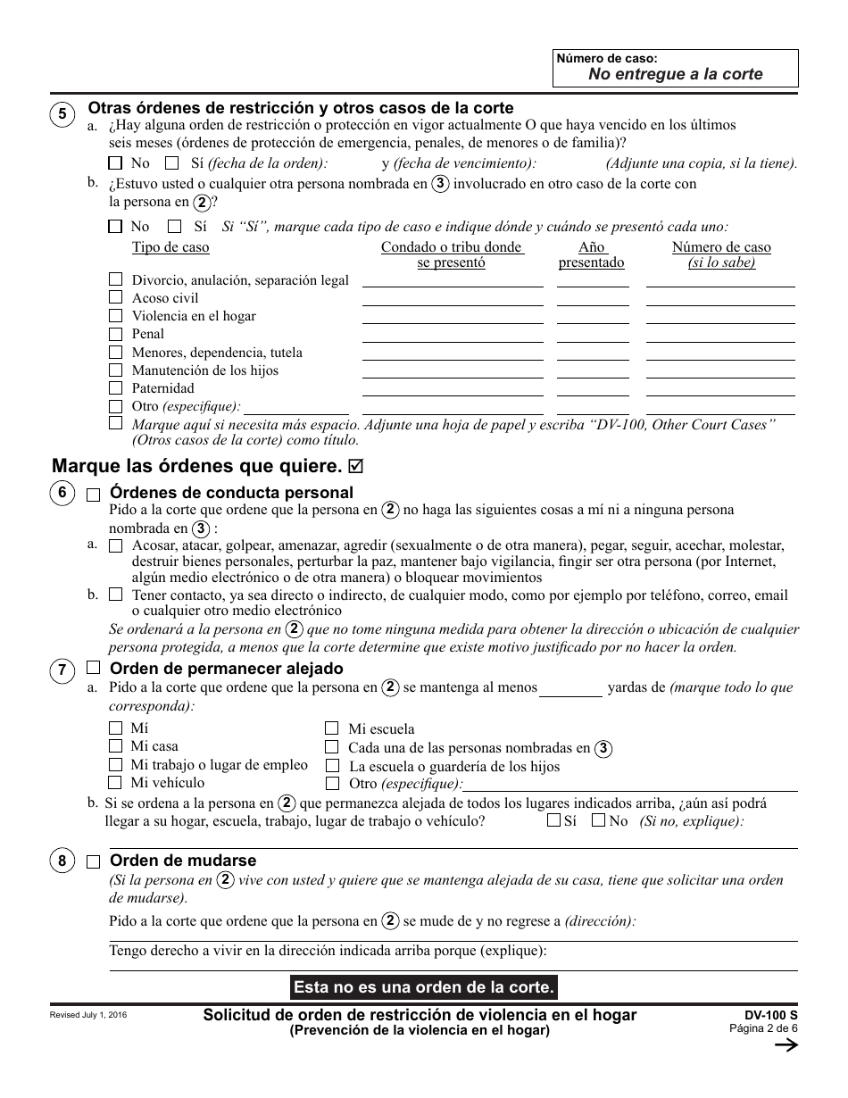Formulario DV-100 S Solicitud De Orden De Restriccion De Violencia En El Hogar - California (Spanish), Page 2