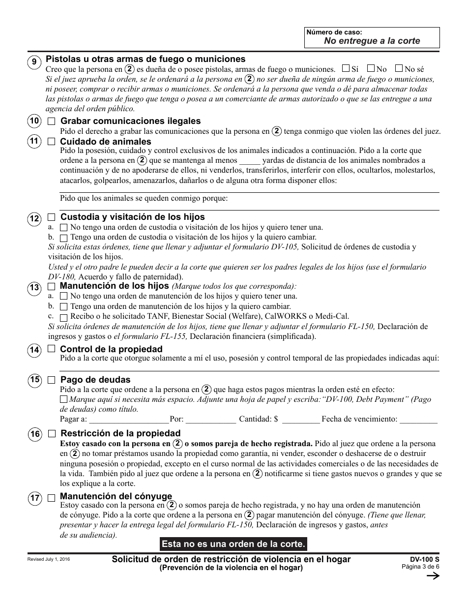 Formulario DV-100 S Solicitud De Orden De Restriccion De Violencia En El Hogar - California (Spanish), Page 3