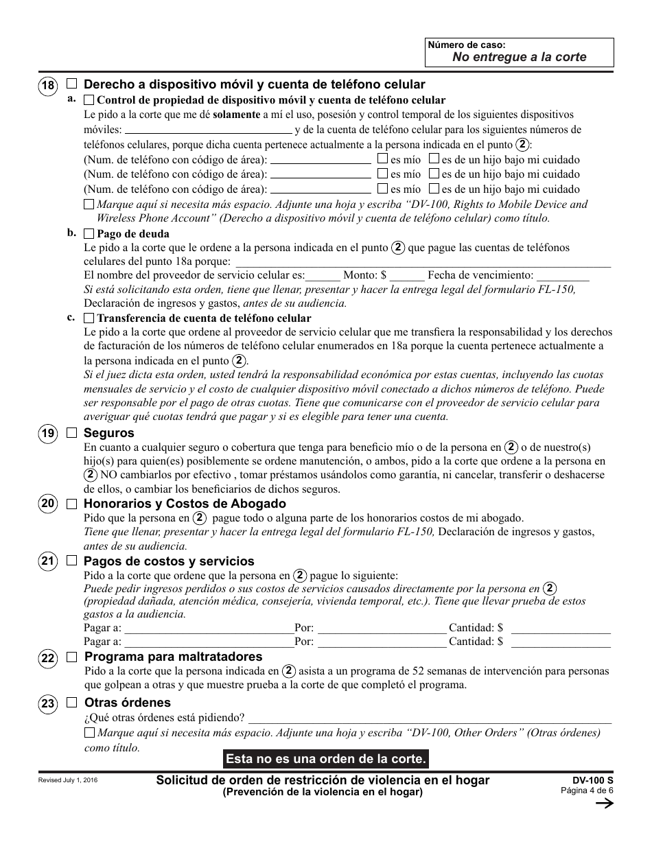 Formulario DV-100 S Solicitud De Orden De Restriccion De Violencia En El Hogar - California (Spanish), Page 4