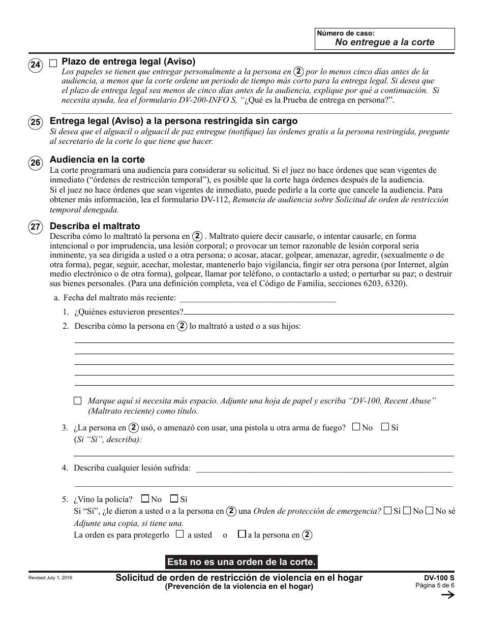 Formulario DV-100 S Solicitud De Orden De Restriccion De Violencia En El Hogar - California (Spanish), Page 5