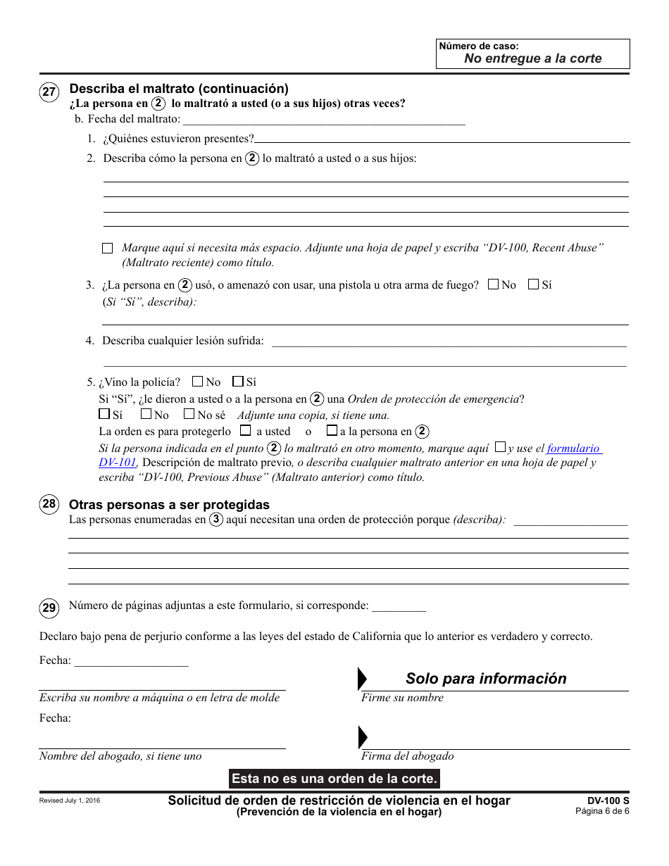 Formulario DV-100 S Solicitud De Orden De Restriccion De Violencia En El Hogar - California (Spanish), Page 6