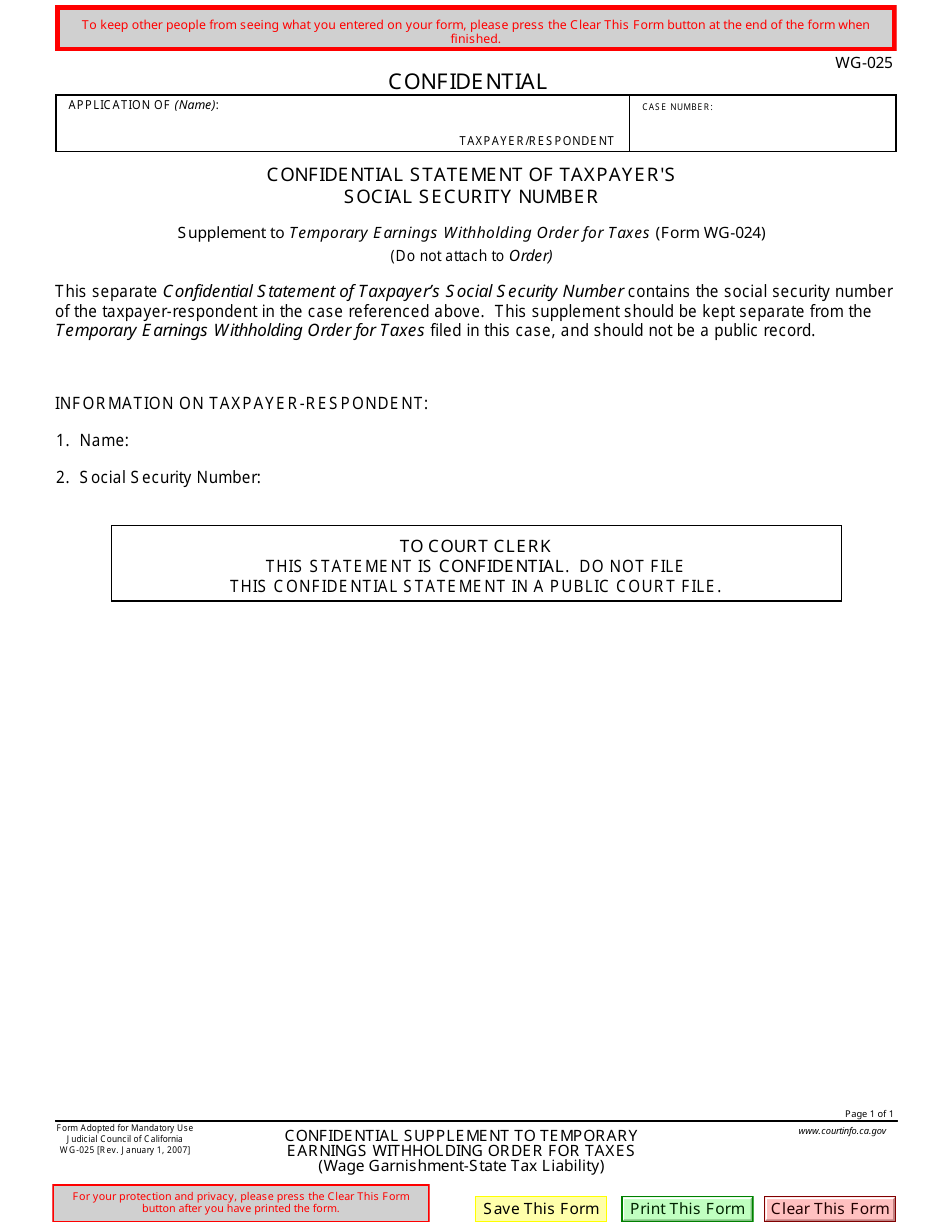 Form WG-025 Confidential Supplement to Temporary Earnings Withholding Order for Taxes (State Tax Liability) - California, Page 1