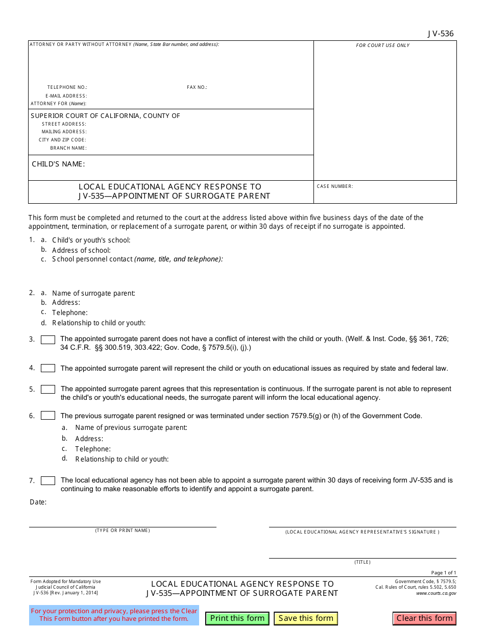 Form JV-536 Local Educational Agency Response to Jv-535 - Appointment of Surrogate Parent - California, Page 1