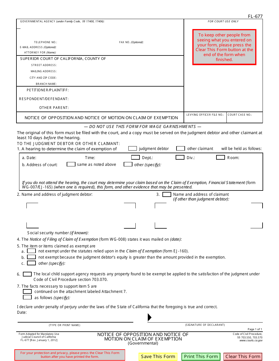 Form FL-677 Notice of Opposition and Notice of Motion on Claim of Exemption - California, Page 1