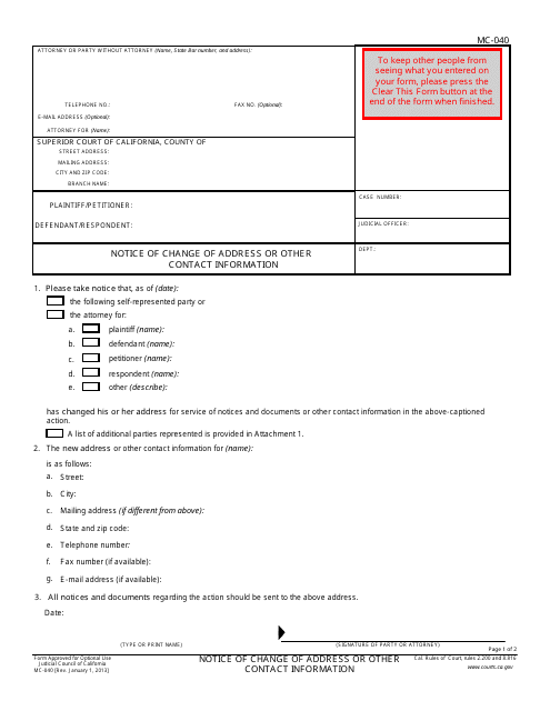 Form MC-040 Notice of Change of Address or Other Contact Information - California