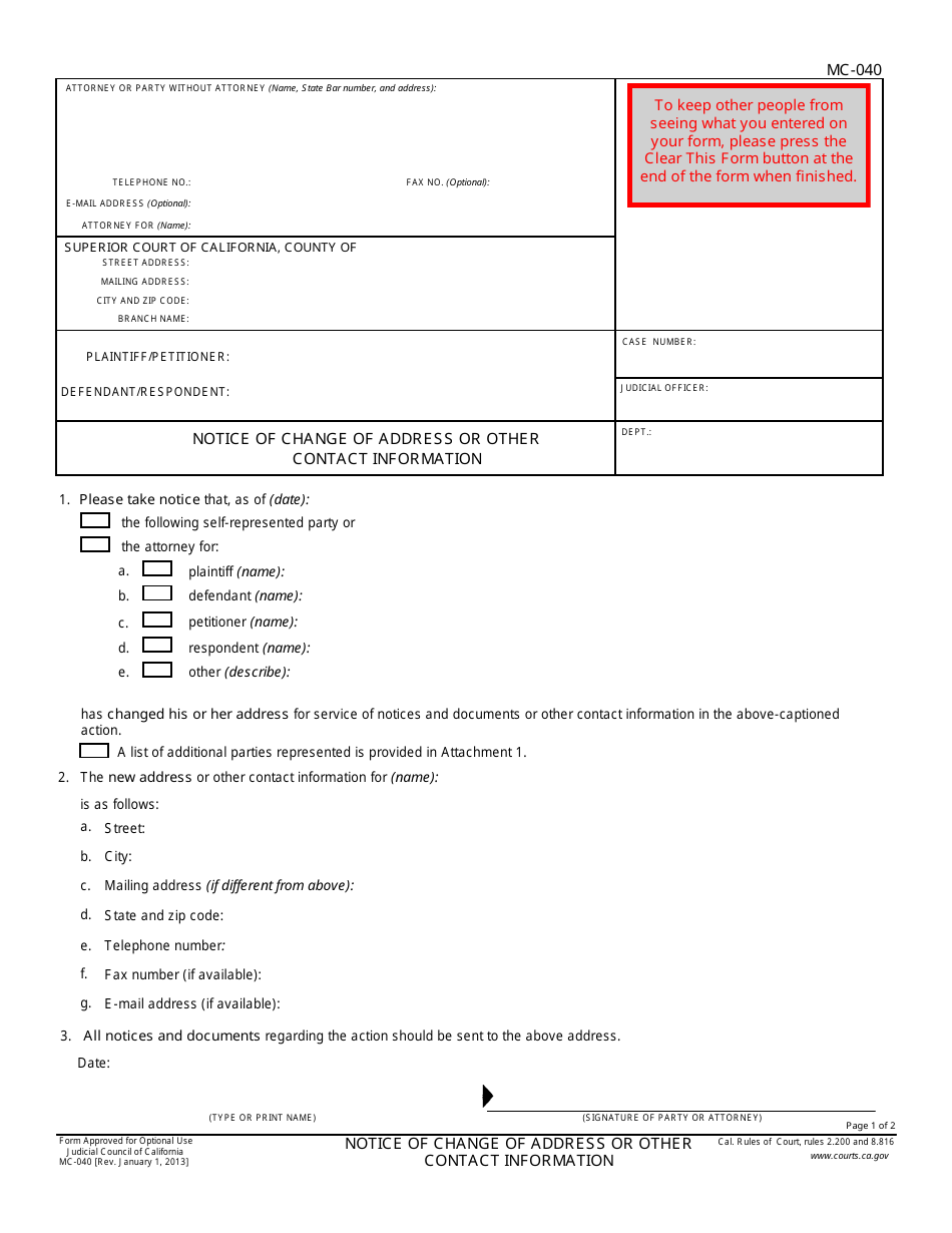 Form MC-040 Notice of Change of Address or Other Contact Information - California, Page 1
