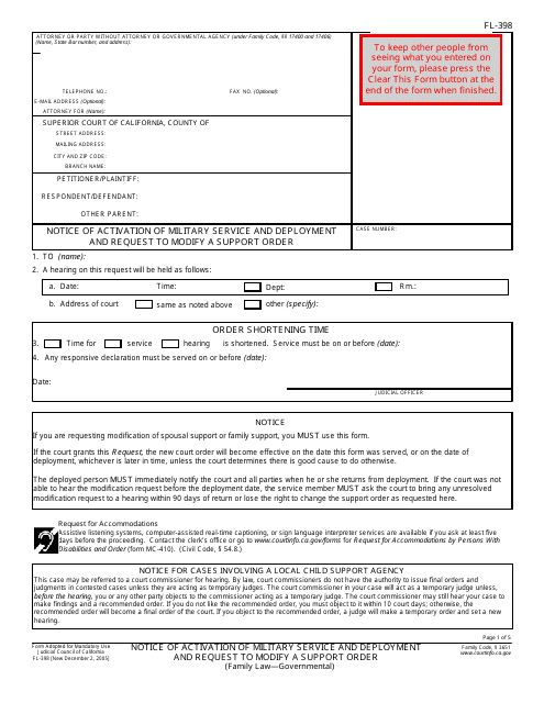 Form FL-398 Notice of Activation of Military Service and Deployment and Request to Modify a Support Order - California
