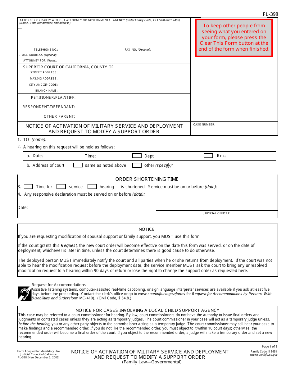 Form FL-398 Notice of Activation of Military Service and Deployment and Request to Modify a Support Order - California, Page 1